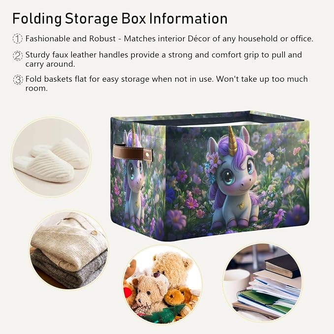 Unicorn Dreamy Green Rectangular Storage Bin Basket with Handles - Laundry Storage Basket Organizer Bins for Pets Room Books Closet