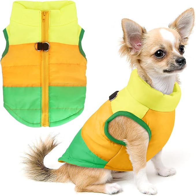 Idepet Pet Dog Cat Coat with Leash Anchor Color Patchwork Padded Puppy Vest Jacket Teddy Chihuahua Costumes Pug Cloth XS S M L (X-Large, Green)