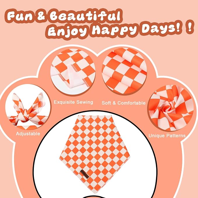 Fall Dog Bandana – Orange Gingham Plaid Triangle Scarf for Small Medium Large Dogs, Soft Cotton Pet Bib for Autumn Thanksgiving, Adjustable Dog Kerchief for Daily Wear
