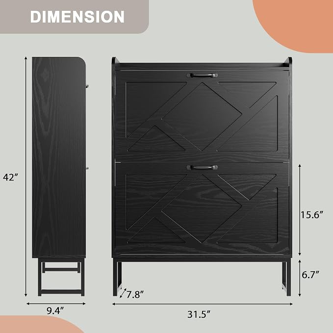 Shoe Storage Cabinet with 2 Flip Drawers, Entryway Cabinet, Black | Slim Shoe Cabinet with Metal Legs, Narrow Farmhouse Shoe Organizer for Entryway, Foyer, Hallway, Wood Shoe Rack with Hook