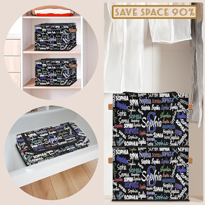 Personalized Kids Toy Box with Name, Custom Nursery Baskets Cubes Box with Zipper Lid, Kids Boys Custom Storage Basket Laundry Baskets Organizer with Handles, Solid Black