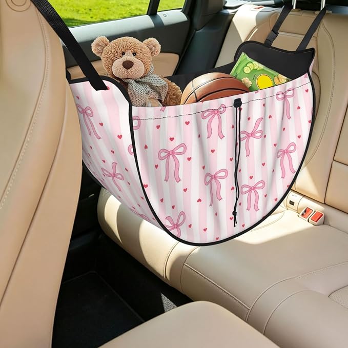 Pink Bow Heart Stripe Car Seat Organizer Backseat Storage Bag, Large Waterproof Vehicle Organizer With Adjustable Straps For Gear Essentials, Fits Most Cars