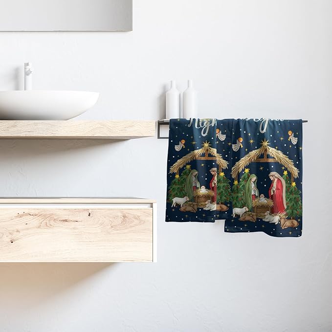 Giwawa Xmas Decorative Towel Set of 2, Blue Holy Night Soft Hand Towels, Winter Holiday Nativity Fast Dry Microfiber Face Towel Washcloth for Bathroom Guest Gym Spa Hotel
