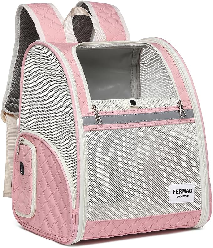 Cat Backpack Carrier for Small Dogs and Medium cat Puppy Kitten Bunny Pet Carrier Backpack Collapsible with Fully Ventilated Mesh with Safety Leash (Pink, 12.9" L x 10.62" W x 15.5" H - M)