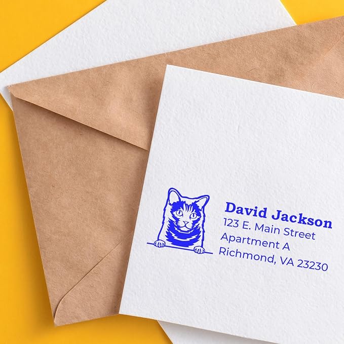 Peeking Chartreux Cat Wood Handle Address Stamp - Custom Rubber Stamp | Rectangular Address Stamp for Cat Moms. Laser-cut. Personalized Address Stamp Chartreux Cat. 4 lines. Nothing preset.