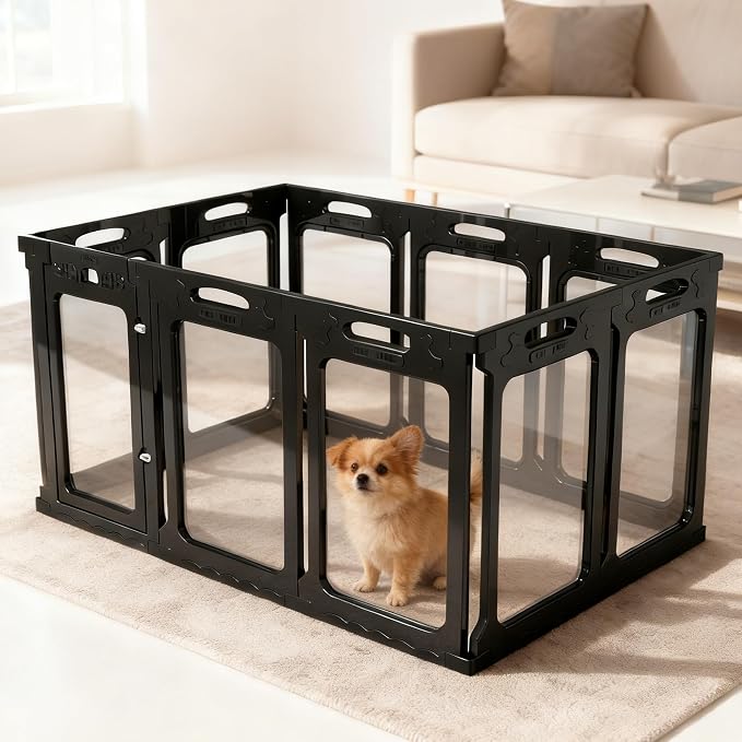 Clear Acrylic Indoor Dog Playpen, 30" H, 2 Panels, Black | Open View, Modern Home Fit, No Climbing Bars, Tool-Free Setup, For Puppies & Small Dogs