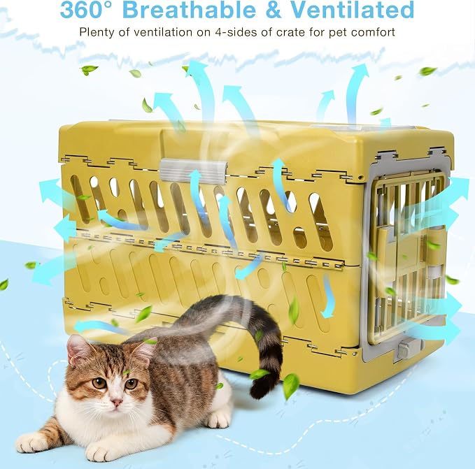Collapsible Cat Carrier Hard, Plastic Hard-Shell Pet Carrier Travel | Front Door with Double Squeeze-Latch System, 4-Sided Ventilation, Fits Pets Up to 22 lbs, Size 22"L x 13"W x 14.6"H