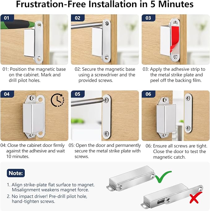 Strong Cabinet Magnets for Closure 40 lbs 2 Pack - Hold Warped Doors Tight | Magnetic Door Catches/Latches Stainless Steel for Cupboard Closet Drawer Window - No Measure or Mark Install in 5 Mins