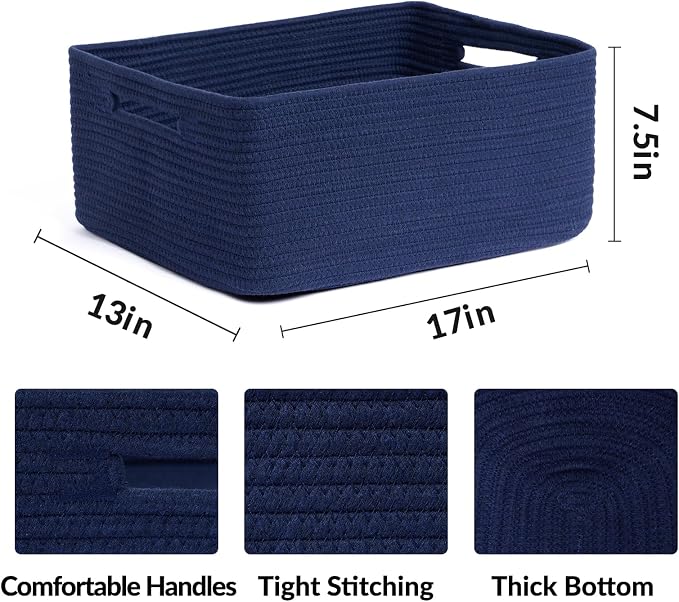 MiniArk Large Storage Baskets for Shelves, 17 x 13 x 7.5” Closet Organizers Bins for Clothes Blanket Towels, Baby Nursery, Toy Baskets Box, Woven Rope Baskets, 2 Packs Navy Blue