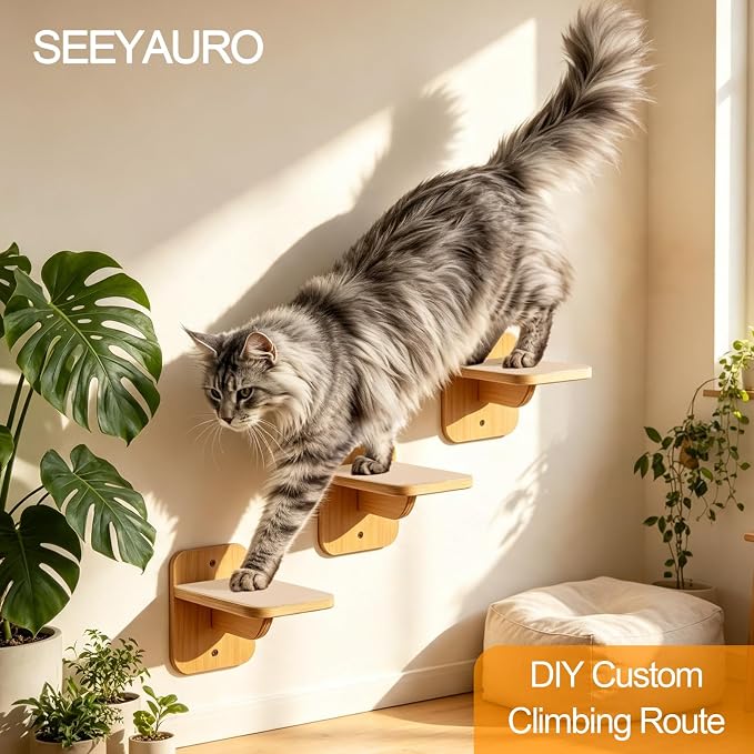 3-in-1 Wall-Mounted Cat Furniture, Solid Wood Cat Tree, Wall-Mounted Perch for Indoor Cats to Play, Rest, and Climb