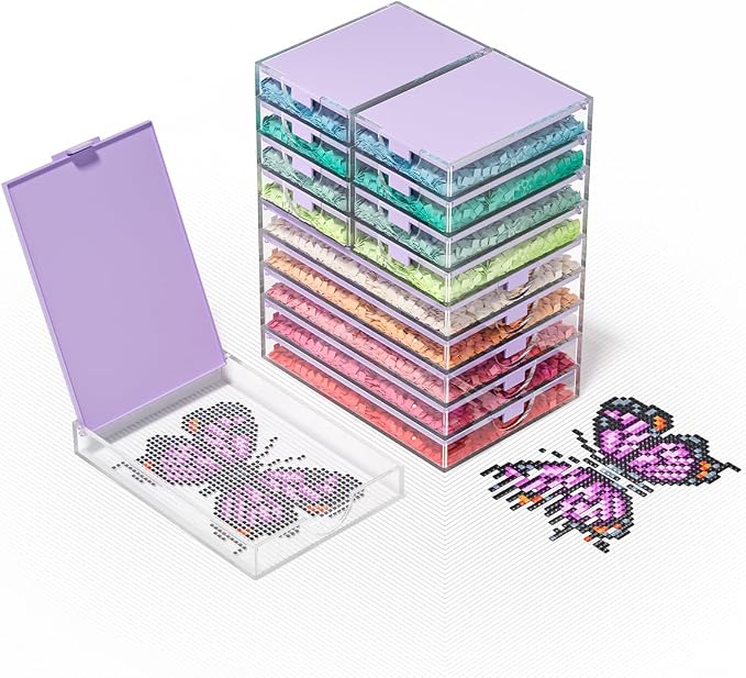 2-in-1 Diamond Art Trays With Lids,Anti-static Diamond Art Storage Containers, Diamond Art Accessories Diamond Painting Trays with Lids & Line-Up, Box Package (Clear Purple, 15 piece Tray Kit)