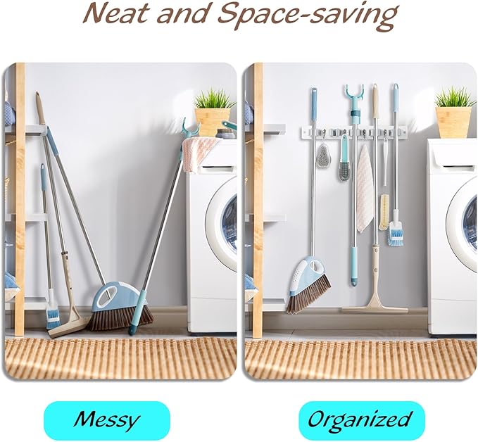 OUTNILI Mop and Broom Holder Wall Mount - White Broom Mop Hanger - Wall Mounted Garden Tool Rack Organizer for Closet Garage Laundry Room Kitchen Decor With 5 Slots & 4 Hooks