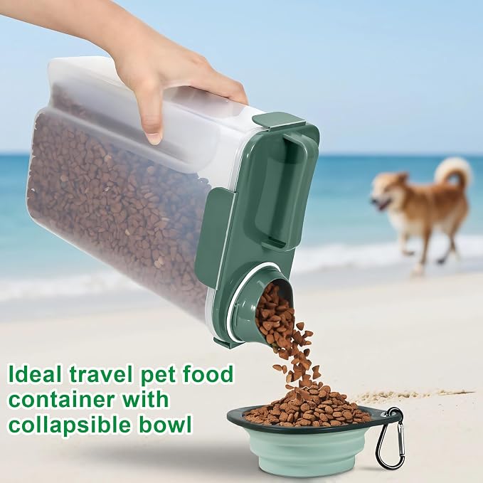 TBMax 5 Lbs Travel Dog Food Storage Container with Collapsible Dog Bowl, Airtight Pet Food Storage Dispenser with Large Spout & Measuring Cup for Kibble Dog Treat Bird Seed Container -Dark Green