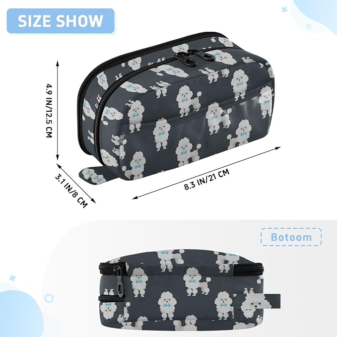 Cute Pets Poodle Black pattern Large Capacity Pencil Case with Zipper Water Resistant Portable Organizer Pen Bag for School Office Students