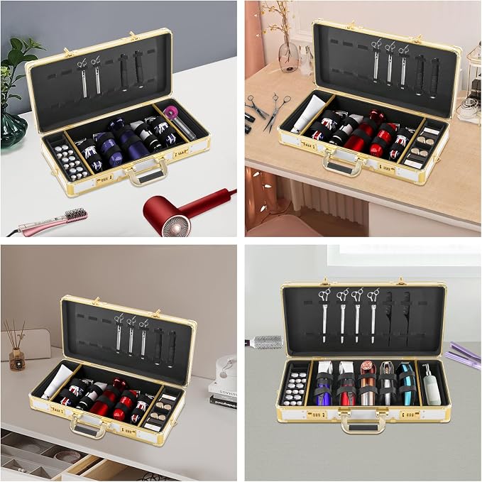 Barber Case, Professional Barber Carrying Case with Shoulder Strap & Combo Locks, Portable Hair Stylist Tool Box, Pet Beauticians Cutting Grooming Kit Storage Organizer, 21.65*10.63*4.33in White+Gold