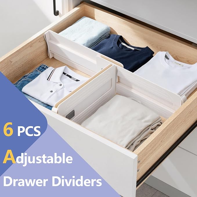 6pcs Drawer Dividers Adjustable 29-45cm, Thickened Hard Plastic Drawer Separators, No Installation Required for Cupboard Kitchen Bedroom