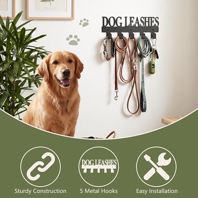 Dog Leash Holder for Wall with 5 Metal Hooks | Key Holder Wall Mount,Pet Leash Collars and Key Organizer, Screw Mounted, Entryway Hallway Kitchen Garage Mudroom Decor