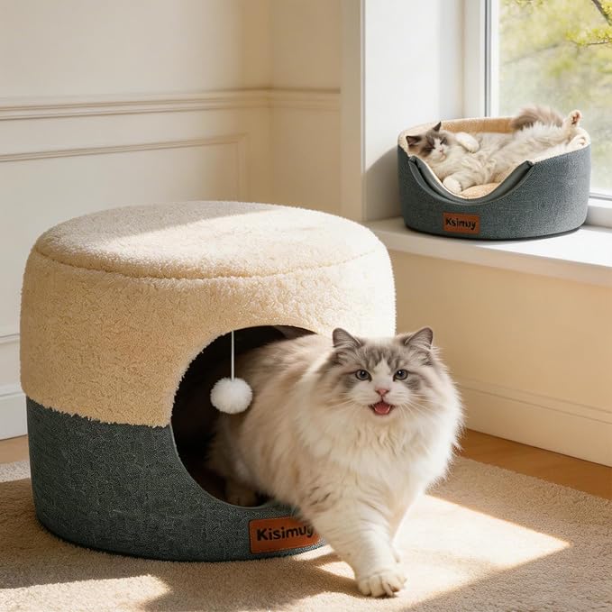 2-in-1 Foldable Cat Bed for Indoor Cats, Cat Cave & Sofa Bed | 19.7"D x 15"H, Reversible Plush & Linen Cushion,Enclosed Cat Bed, Hanging Cat Toys, Non-Slip, Large Cat Couch, Grey
