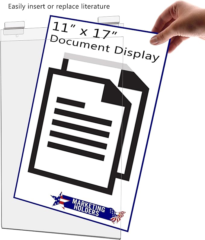 Marketing Holders 2 Pack Slatwall Sign Holder for 11" x 17" Large Announcements Clear Acrylic Ad Sleeve Slot Wall Mount for Hours of Operation Price Sheets and Flyers for Offices and Hotels
