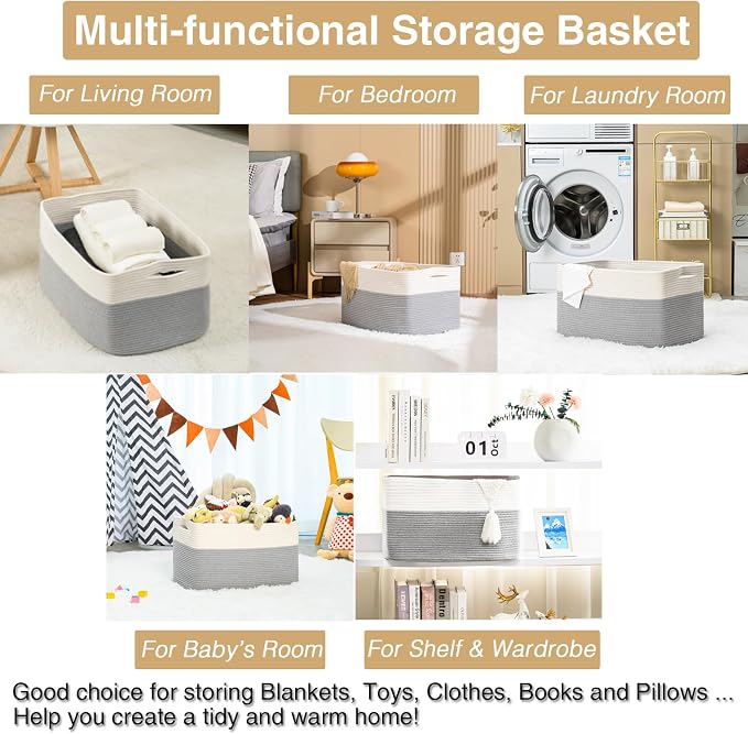 ICERZCZ Large Blanket Basket Living Room, Rectangle Storage Basket, Large Basket for Blankets, Woven Cotton Rope Baskets for Storage Toy Dirty Clothes, 22”x17”x12”, White & Grey, 75L