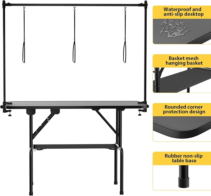 ROOMTEC 46 Inch Dog Grooming Table,Foldable Pet Grooming Tables at Home with Adjustable Arm,Nooses, Mesh Tray