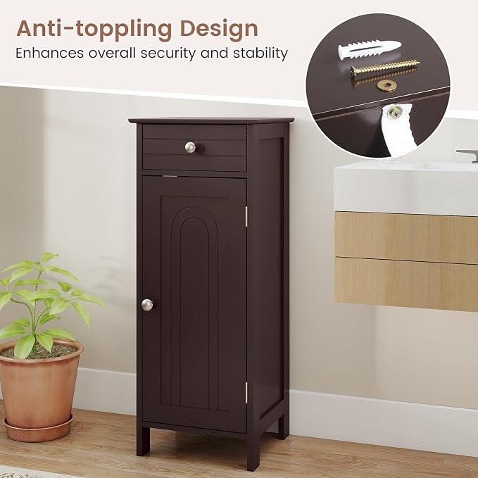 GLACER Floor Storage Cabinet, Bathroom Storage Cabinet (Brown) | 2 Adjustable Shelves | Ideal for Bathroom, Living Room | 14 x 12 x 34.5 inches