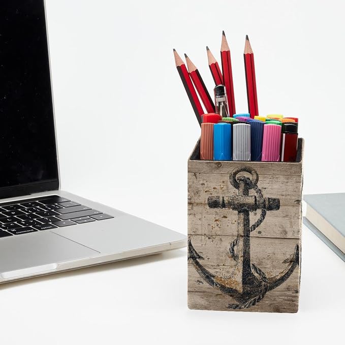 Vintage Anchor Pen Holder for Desk Decor, Rectangular PVC Leather Pencil Cup for Desk Pen Organizer, Makeup Brush Holder for School, Home, Office