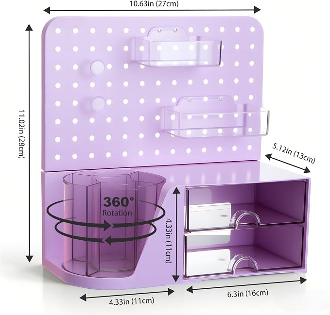 Comix Desk Organizer with 2 Drawer, Purple 360 Rotating Pen Holder for Desk | Desk Organizers and Accessories with 5 Slots Pencil Holder+Pegboard+Drawer, Pen Organizer for Home School Art Office Supplies