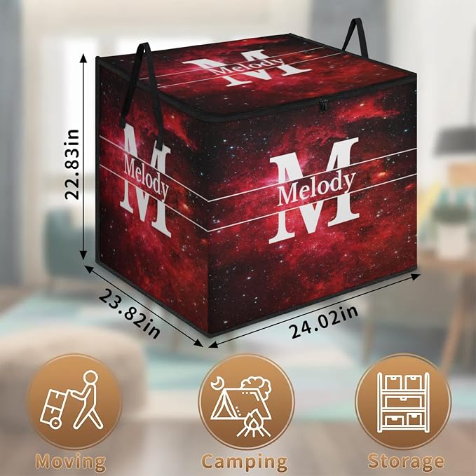 Personalized Name Foldable Storage Basket Cubes with Lid, Laundy Hamper Dirty Clothes Pet Toys Storage Bin with Handles for Shelf Home Closet Kitchen, Red Galaxy Universe with Initial Letter