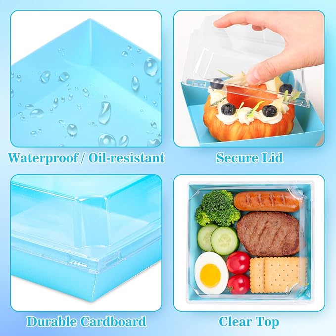 Whaline 50 Set Blue Small Charcuterie Boxes with Lids Forks Knives Summer Clear Mini Dessert Box Disposable Food Containers for Graduation Wedding Gift Giving Beach Party Sandwich Cookie Sushi Cake