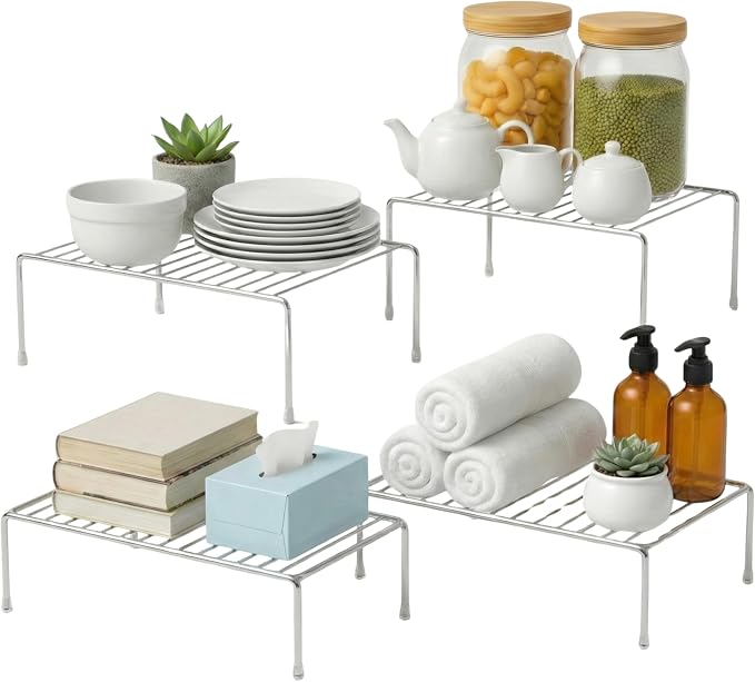Evelots Wire Shelf Organizer Set, Large Metal Cabinet Risers, 4-Pack Chrome | Four large rustproof metal shelf organizers create extra storage space in kitchen cabinets, pantries, freezers and bathrooms.