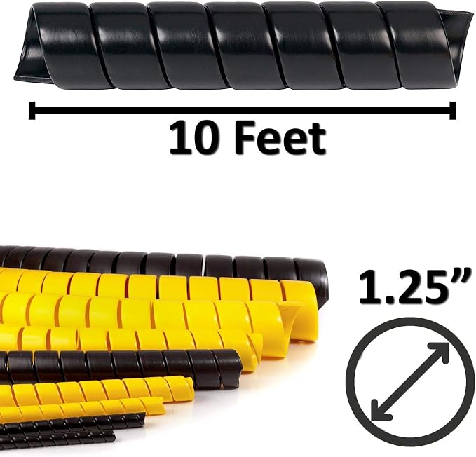 Electriduct 1.25 Inch Heavy Duty Spiral Wrap HDPE Flexible Plastic Cable Sleeve Hose Protector 10 Feet - Black