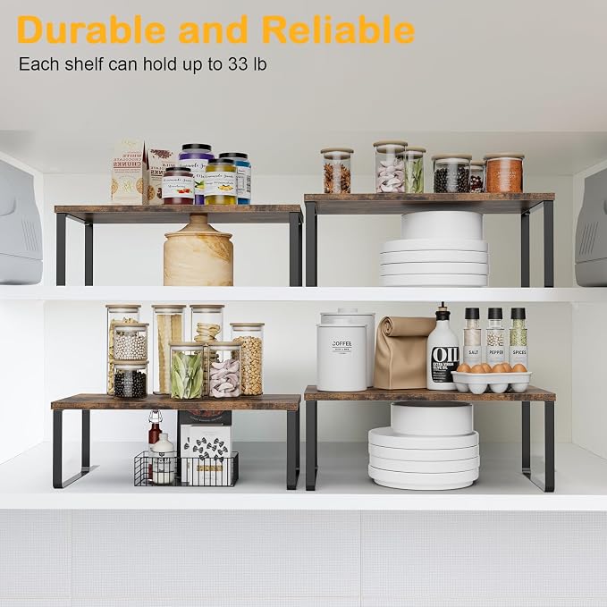 OGEMXU Cabinet Shelf Organizers, 15.7 inches Large Kitchen Counter Shelf, Set of 4 Wood Kitchen Pantry Organizer, Storage Shelves for Countertop, Spice Rack, Stackable, Expandable, Metal Black, Brown