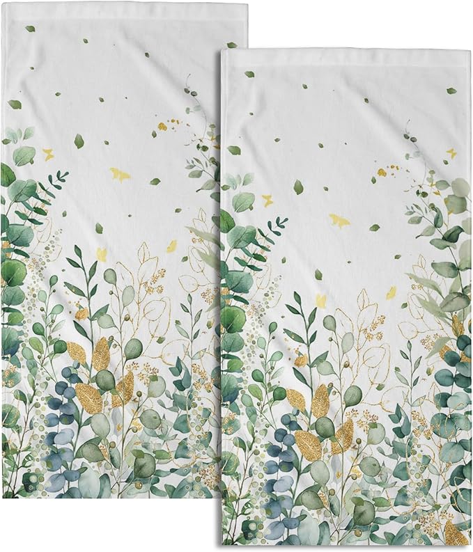 Giwawa Eucalyptus Leaf Hand Towels Set of 2 Gold Leaves Decorative Fingertip Towels Soft Bath Towel Dish Cloths for Kitchen Bathroom Home Decor