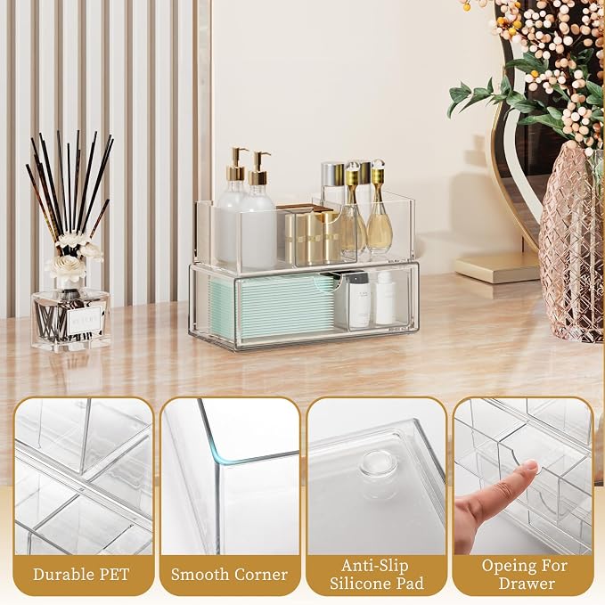 2 Tier Medicine Cabinet Organizer and Storage,Stackable Bathroom Medicine Organizer with Removable Dividers, Plastic Vanity Storage