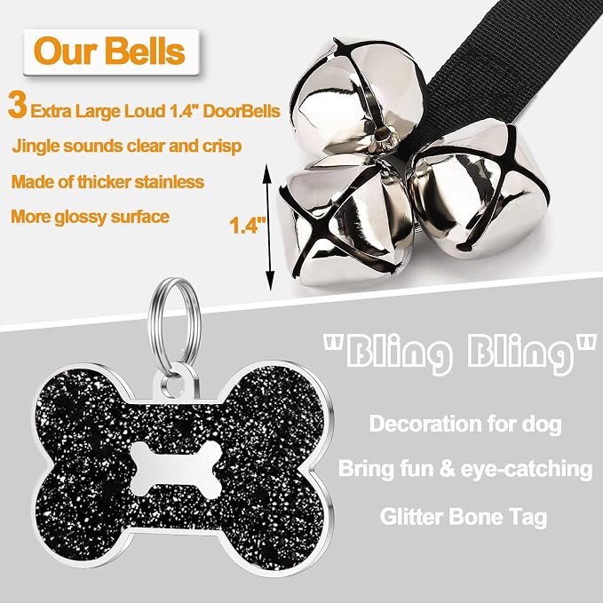 2 Pack Dog Door Bells, Dog Doorbell to go Outside Puppy Train Bell for Dogs to Ring to go Potty, Puppy Toilet Training Bell Jingle Bells for Door Knob (Black)