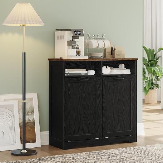 HOOBRO Double Tilt Out Trash Can Cabinet, 20 Gallon Kitchen Trash Bin Cabinet, Hidden Trash Storage with Open Compartments, Hidden Laundry Hamper, for Kitchen, Laundry, Black and Walnut BH04LJ01