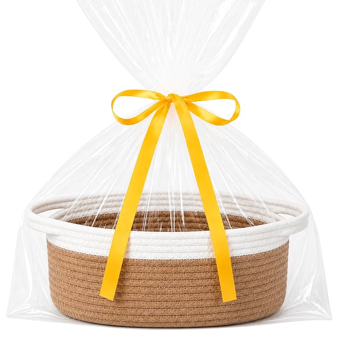 ABenkle Small Basket Empty Gift Basket, Decorative Boho Rope Woven Nursery Storage Organizer Dog Toy Baskets for Baby Showers Christmas Easter with Gift Bags and Ribbons, 12"X 8" X 5"