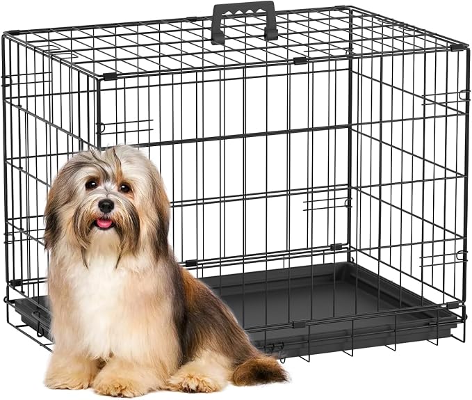 FDW Dog Crate 24-Inch Dog Cage Single Door Foldable Metal Kennel with Leakproof Tray Foldable Design Indoor Outdoor Use for Small Dogs,Dark Black