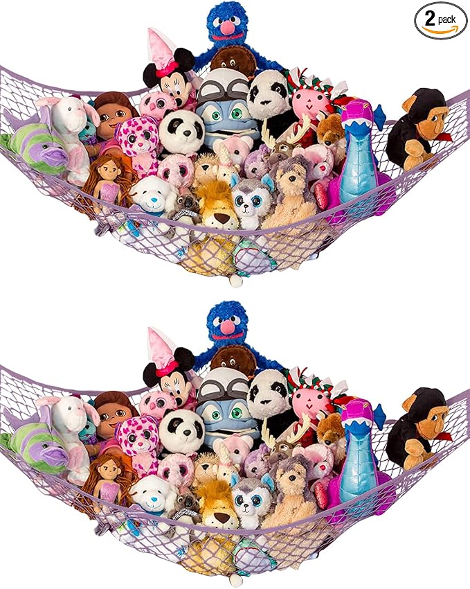 Lilly's Love Stuffed Animal Hammock | Corner Hanging Organizer, Toy Storage, Stuffed Animal Storage Net | Made from Quality Fishing Net, Holds 12lbs | 67"x47"x47" (Pastel Purple, 2 Pack)