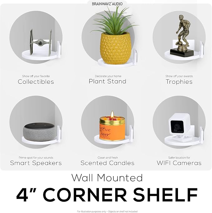 BRAINWAVZ 4” Small Floating Shelf, Adhesive & Screw in, for Bluetooth Speakers, Cameras, Plants, Toys, Books & More, Easy to Install Shelves Wall Mount (White)