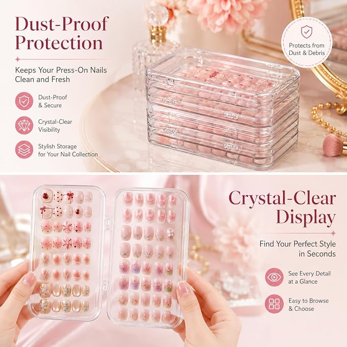 Tri-Fold Press On Nail Organizer Case | 4-Page Portable Storage Box for Fake Nails, Clear PET Plastic Travel Holder (6×3.2×1.8 inch)