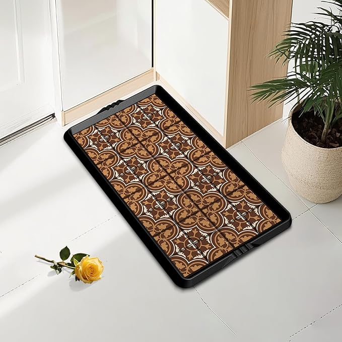 BEHERO Boot Tray Shoe Mat Decorative Patterned, Rubber Boot Matt Tray Indoor and Outdoor Use, 16" x27.5" Shoe Cleaning Mat Non-Slip, Shoe Storage Waterproof with Artistic Prints for Entryway(Brown)