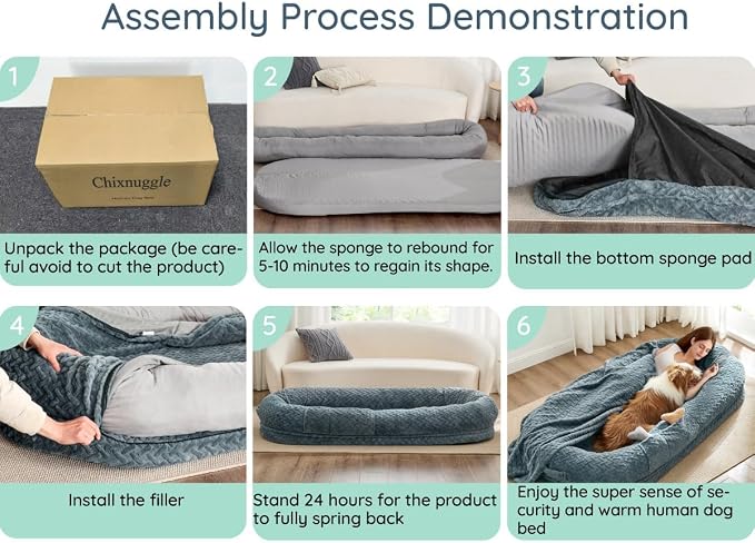ChiXnuggle Orthopedic Human Dog Bed,with Faux Fur Washable Cover,Blanket | light grey,72*40*10,giant dog bed for adult or extra large dogs,egg crate foam,non-slip bottom