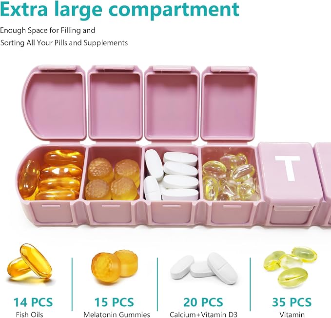 MOLN HYMY Extra Large Weekly Pill Organizer 7 Day, XL 1 Week Pill Dispenser Case, Daily Medicine Organizer to Hold Vitamin Filsh Oil and Supplements (Pink)