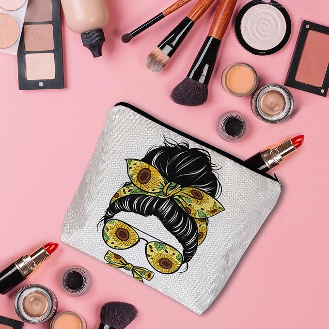 Women Makeup Organizer Bag Sunflower Woman, Messy Bun Woman Sunflowers Glasses Flax Cosmetic Bag Makeup Bags Toiletry Bag Accessories Organizer Travel Bags For Home Bathroom Office Hotel Gym