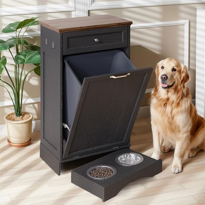 Tilt Out Trash Can Cabinet with Dog Bowl, 10 Gallons Dog Feeding Station with Storage, Dog Food Cabinet with Hideaway Drawer for Kitchen, Living Room,Laundry Room