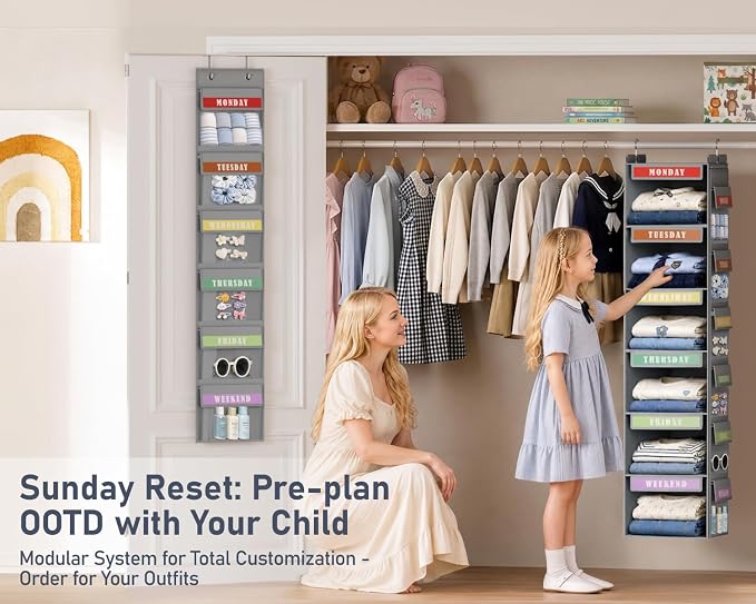 DIMJ Hanging Closet Organizer 2 in 1 - Weekly Clothes Organizer for Kids Over the Door Organizer 6-Shelf Daily Monday Friday Weekend Hanging Shelves, for School Outfits, Baby Clothes, Grey