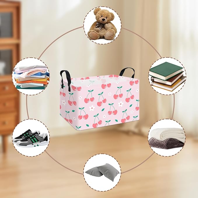 Rectangular Cherry Storage Basket Fabric Hamper | Gifts Bag for Books,Clothes,Gifts,Pets-Perfect for Home,Office,Nursery,Dorm,Shelf