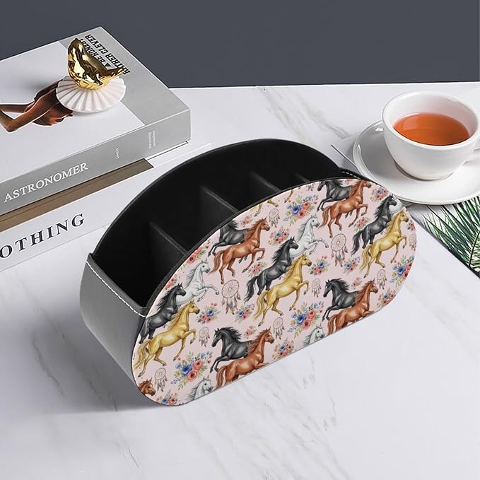 Remote Control Holder Horse Flower Pink Floral 5-Slot Storage Caddy Box | Makeup Brush Organizer, Pu Leather, Horse Flower Pink Floral Desktop Accessory for TV Remotes Media Player